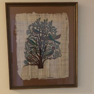 Framed Vintage Egyptian Hand Painted Papyrus Tree of Life Birds
